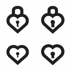 set of lock and key heart line icon black on white
