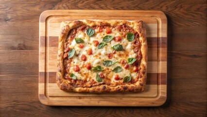 Square Pizza with Tomato and Basil Toppings on Wooden Board