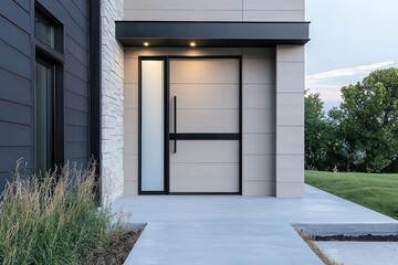 Contemporary light grey wood door with sidelight, frosted glass, and black trim.