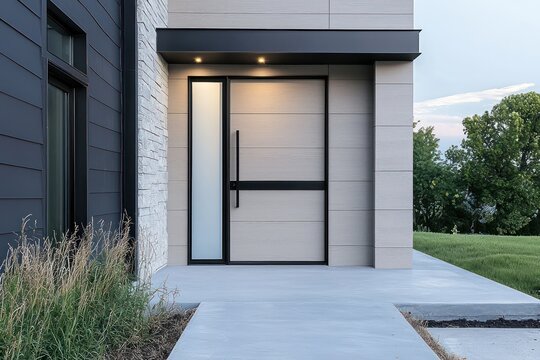 Contemporary light grey wood door with sidelight, frosted glass, and black trim.