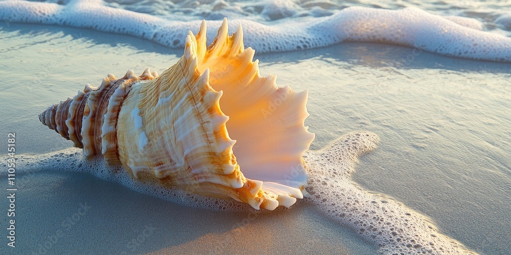 Poster conch shell resting on beach sand, showcasing nature s beauty. this conch shell adds charm to the sa