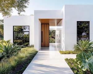 A sleek contemporary home with bright white exterior and bold black windows.