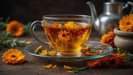 Fototapeten Glass cup of herbal tea with calendula marigold red flowers Natural hot drink © Ansa