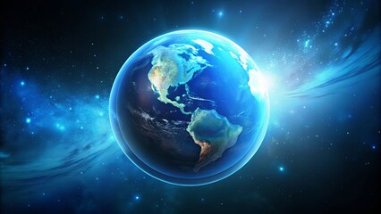 Fototapeta premium A radiant blue planet Earth, encircled by cosmic dust and stars, illuminated by a celestial glow
