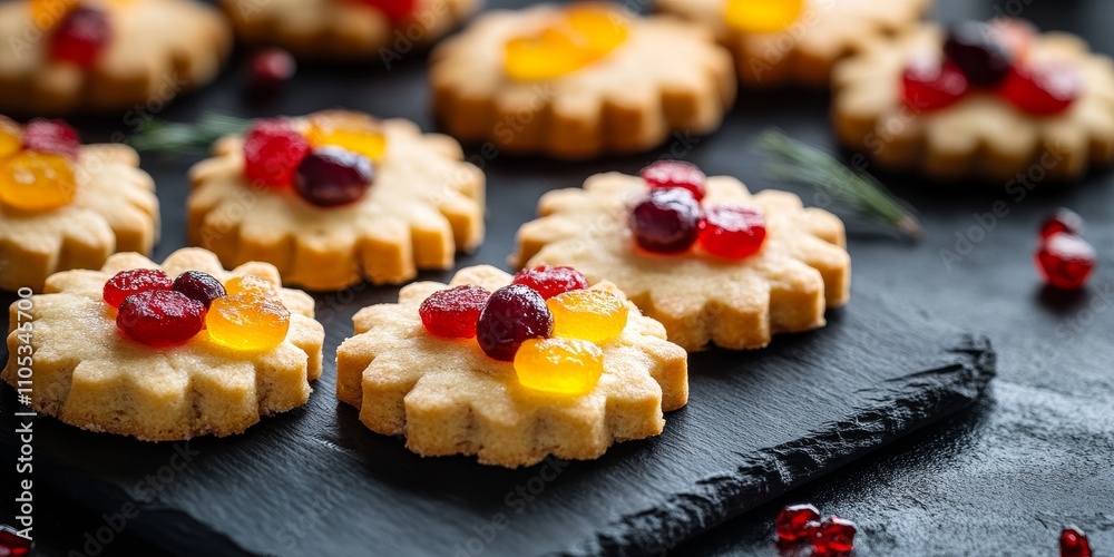 Poster shortbread cookies featuring candied fruits arranged elegantly on a dark backdrop, highlighting the 