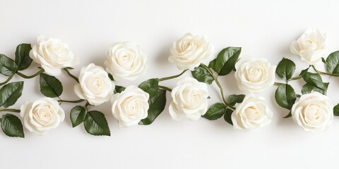 Artificial white roses delicately arranged on a white background create a serene visual. This image of artificial white roses highlights their elegance and beauty with selective focus.
