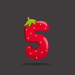 Strawberry number 5,5 , Bright shiny  number 5, strawberry numbers 0 to 10