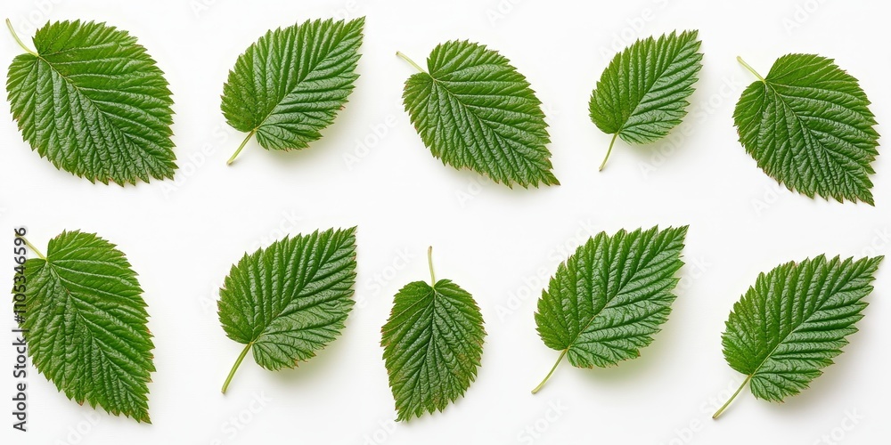 Aufkleber Raspberry leaves displayed on a clean white background, showcasing the vibrant features of raspberry leaves from a top view perspective with a precise clipping path.