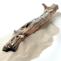 Driftwood on sand isolated on white background. Piece of coastal weathered wood on sand dune.