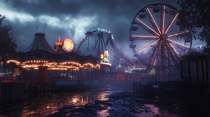 A moody carnival scene featuring illuminated rides under a cloudy sky.