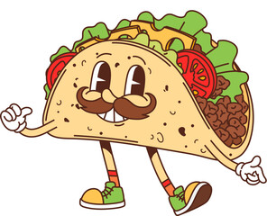 Cartoon groovy fast food tacos cheerful character. Mexican cuisine street cafe snack cartoon funny mascot, cheerful groovy isolated vector personage. Fast food meal or takeaway tacos happy character