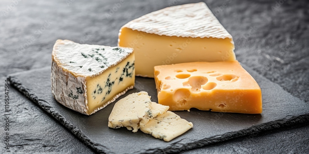 Poster Cheese displayed on a slate surface, highlighting the rich texture and color of the cheese. This close up of cheese showcases its unique characteristics and appealing details.