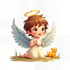 Fototapeta premium Cute angel character holds heart. Small angel with light brown hair sits on ground. Light beige dress. Large white wings. Golden halo. Small yellow cat beside angel. Smiling face. Peaceful scene.