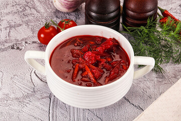 Homemade red soup Borsch with cabbage