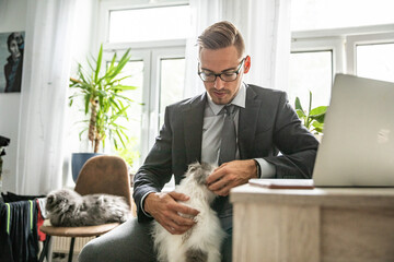 Junger Mann im Homeoffice Arbeiten am Schreibtisch Laptop konzentriert produktiv im modernen Homeoffice Umfeld