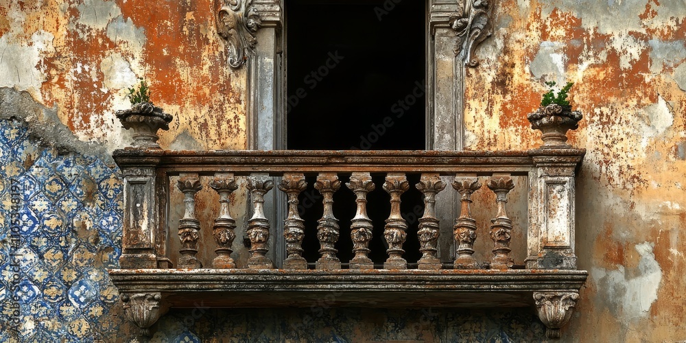 Aufkleber ornamental tiled wall and balcony featuring a column in a rustic setting of an abandoned mansion, sh