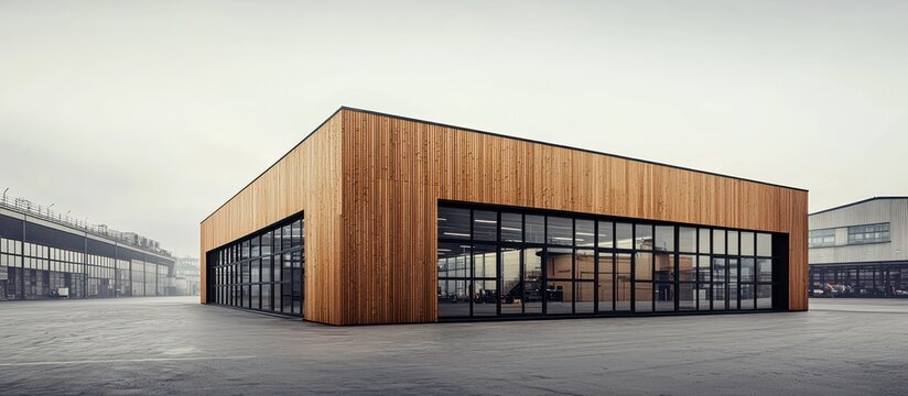 Minimalist design with a wooden warehouse facade and geometric structure.