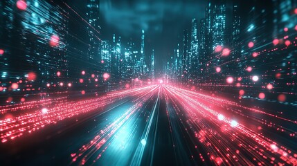 Fototapeta premium Futuristic city highway at night with glowing red and blue lines.