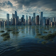 Fototapeta premium Flooded cityscape reflects climate change impacts. Skyscrapers submerged in rising water levels. City drowned in rising sea level future scenario of climate change. Water covers buildings. Serious