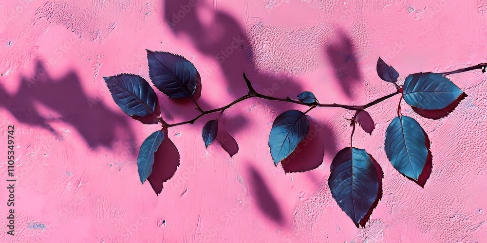 Poster Shadows of rose leaves create an intriguing pattern on a textured pink concrete wall, showcasing the unique roughness and irregularities. This abstract nature concept offers a stylish backdrop for
