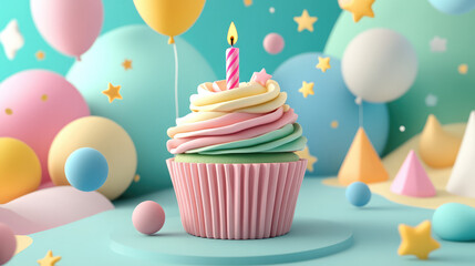 A 3D pastel-frosted cupcake with a glowing candle, encircled by small celebratory details like ribbons and balloons.