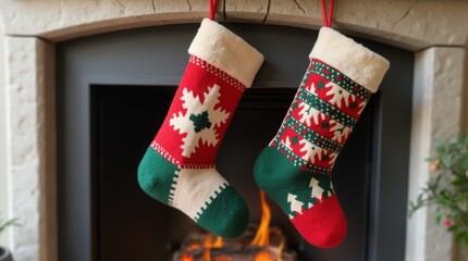 Two festive Christmas stockings hang by a cozy fireplace, adorned with seasonal patterns