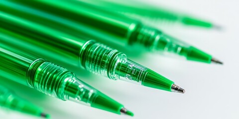 Green ball pens displayed against a white background, showcasing the vibrant color of the ball pens. These green ball pens offer a stylish writing option for various uses.