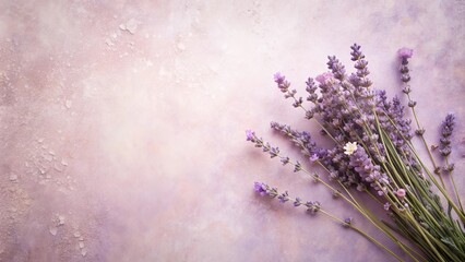 Fototapeta premium A delicate bouquet of lavender blossoms rests on a soft, textured purple background, perfect for invitations, cards, or blog design.