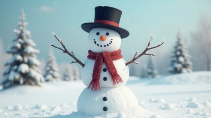 Obraz premium Cheerful snowman with a black hat and red scarf in a snowy winter landscape