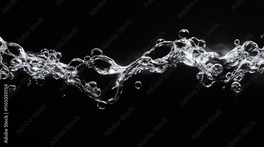 Poster Clean water stream creating bubbles against a dark backdrop, ideal for symbolizing purity and rejuvenation