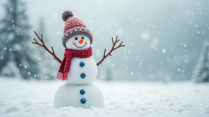 Fototapeta premium Cheerful snowman with a hat and scarf, surrounded by falling snow in a winter landscape