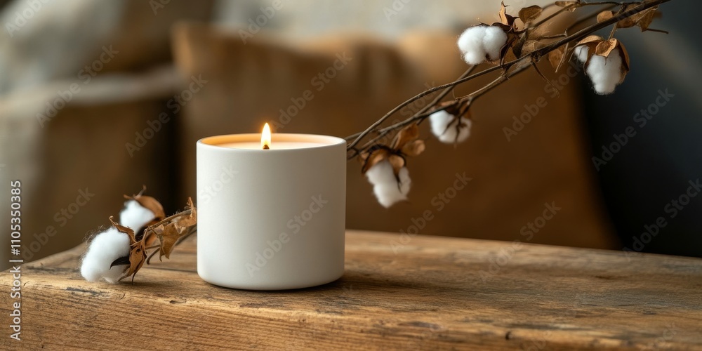Poster handmade soy wax candle displayed on a wooden table, accompanied by a cotton branch. this soy wax ca