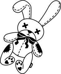 Y2k tattoo of monochrome stitched, broken bunny plush toy with button eyes and a sad expression. Vector black and white rabbit with patches and seams, conveys abandonment, sadness, gothic aesthetics