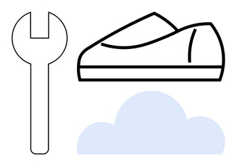 Wrench alongside a shoe above a light blue cloud, all in minimalistic line art. Ideal for technology, fitness, repair services, cloud computing, lifestyle, hardware tools, creativity themes. Line