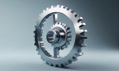 Modern 3D Gear Cogwheel in Shiny Metal Finish on Light Blue Background