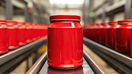 A vibrant red jar stands out on a conveyor belt, surrounded by identical jars, showcasing a modern manufacturing setting.