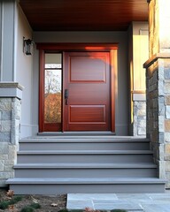 A mahogany-colored door with a sidelight, set against light grey stone steps.