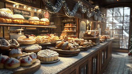Fototapeta premium A traditional winter bakery with a display of freshly baked goods, warm pastries, and hot chocolate served to customers inside.
