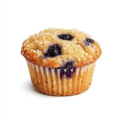 Side view of freshly baked blueberry muffins with golden brown crust and blueberries popping out on isolated white background.