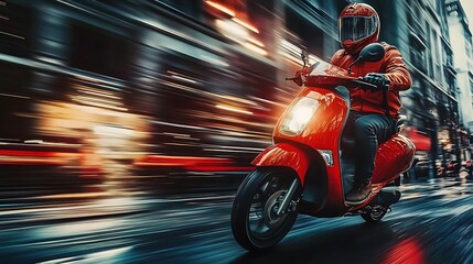 Obraz premium A delivery man riding a scooter through a bustling cityscape.