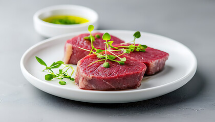 Premium culinary experience raw steak presentation in modern kitchen gourmet food styling minimalist environment top-down view