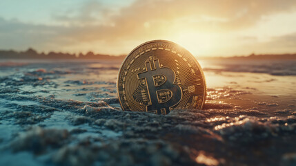 Bitcoin on wet sand with ocean waves at sunset, representing the unpredictable nature of cryptocurrency