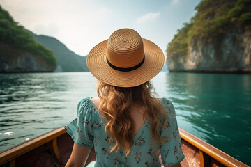 Fototapeta premium Image of young woman sailing on boat on summer vacation generative AI illustration