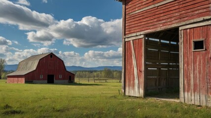 Two rustic red barns on a sunny farm field, under a blue sky with fluffy clouds.