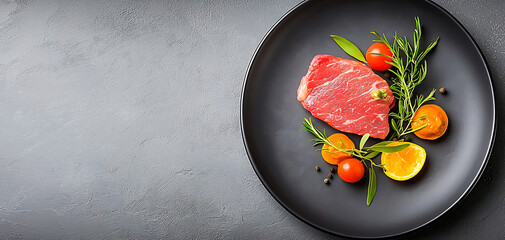 Premium culinary experience raw steak with fresh herbs and citrus gourmet kitchen modern aesthetic elevated cooking concept