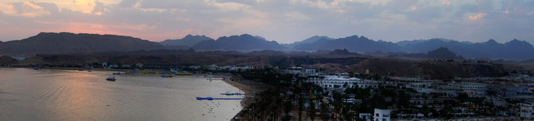 Panorama of the Old Market with the Al Sahaba Mosque in Sharm El Sheikh. Exotic cityscape with modern Muslim temple in Arabic architectural style