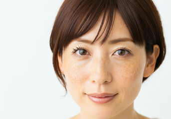 A woman in her 40s with light freckles and sunspots