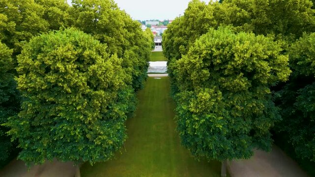 4K Aerial Drone Video of the Symmetrical Baroque garden at Hofgarten and Orangerie Event Venue in Downtown Ansbach, Germany