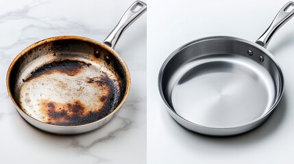 A stainless steel pan split in half showcasing the stark difference between a burnt and stained surface versus a shiny likenew appearance after cleaning