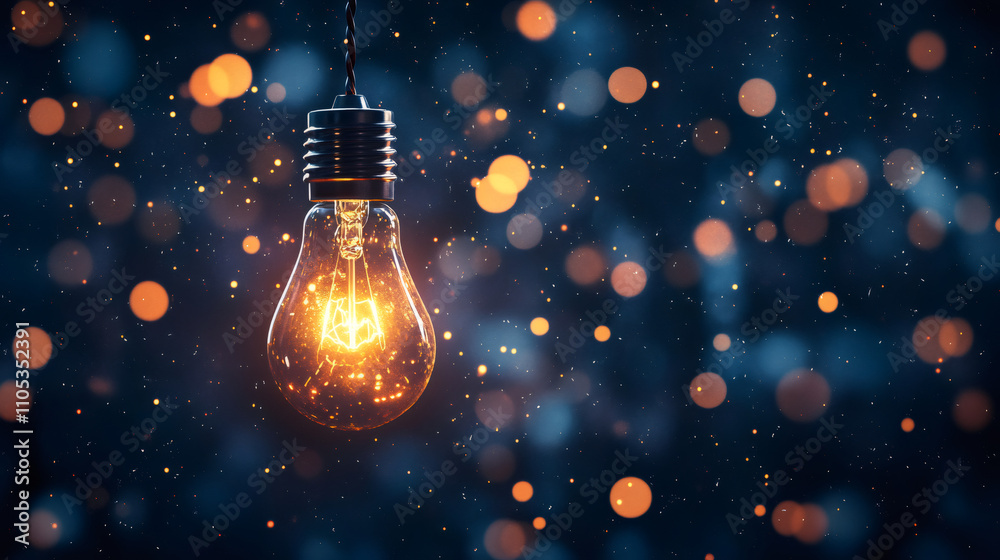 Poster glowing light bulb illuminating dark background with bokeh effect, representing inspiration, creativ